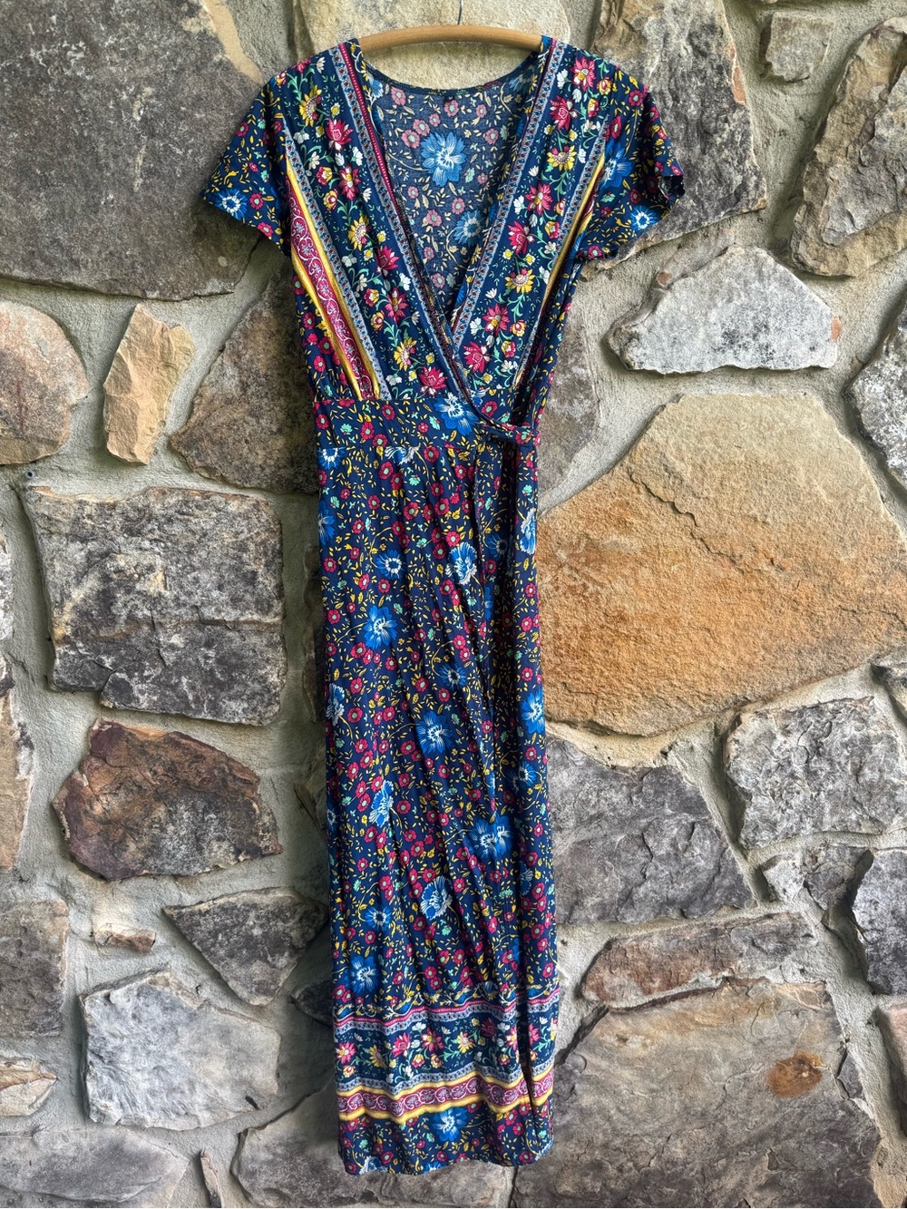 Boho Floral Paisley Navy Wrap Maxi Dress with Tie Waist Medium